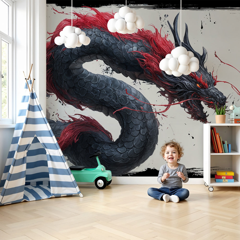 Dragon mural wallpaper creating magical fantasy atmosphere in modern kids bedroom by Kids-Mundo