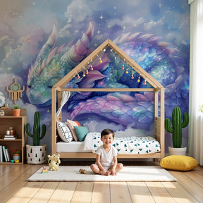 Magical sleeping dragon mural wallpaper in blue tones for kids bedroom by Kids-Mundo