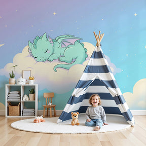Sleeping dragon mural wallpaper creating magical atmosphere in modern kids nursery by Kids-Mundo