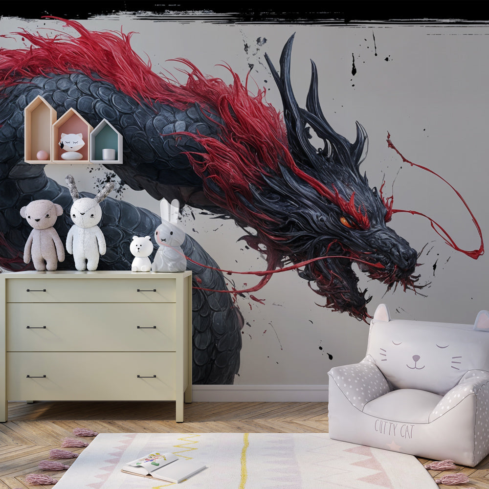Majestic dragon mural wallpaper with dark scales and vibrant colors for imaginative kids room decor