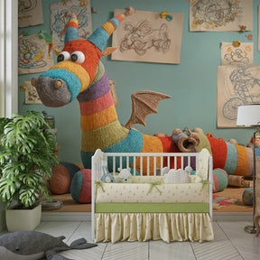 Dragon themed mural wallpaper creating magical atmosphere in children's playroom with vibrant colors