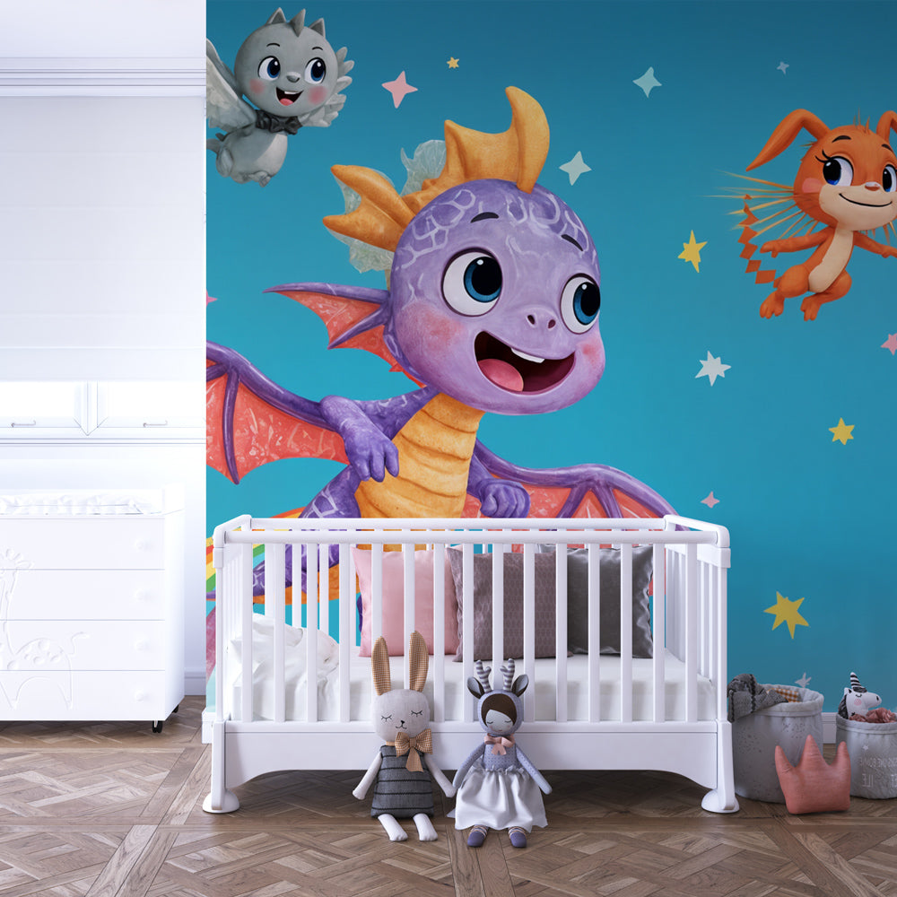 Fantasy dragon mural wallpaper with clouds transforming kids playroom into adventure zone