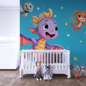 Fantasy dragon mural wallpaper with clouds transforming kids playroom into adventure zone