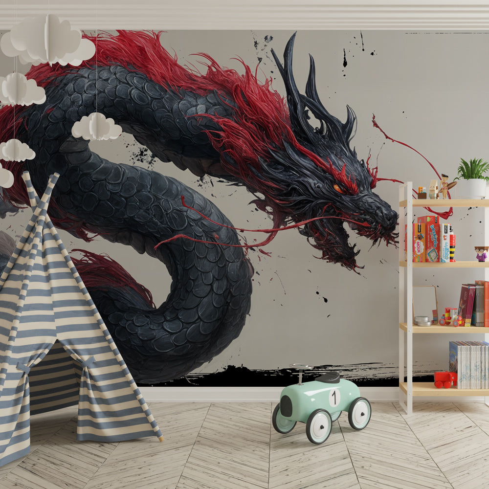 Fantasy dragon wallpaper with red accents transforming children's playroom into mystical adventure space