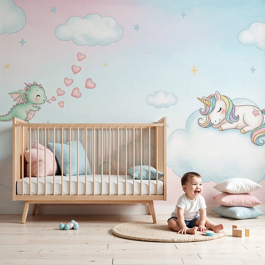 Kids-Mundo dragon and unicorn wall mural in soft pastel tones styled in a baby nursery