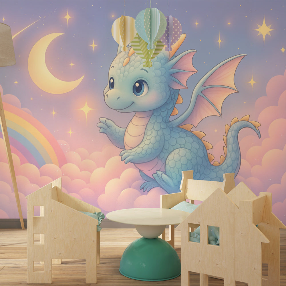 Dreamy dragon and rainbow mural wallpaper decorating cozy children's bedroom space