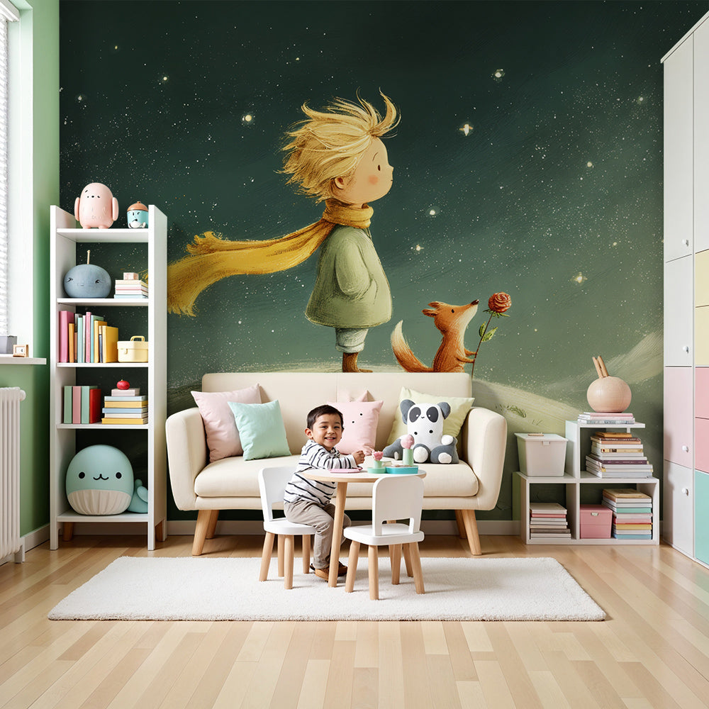 Kids-Mundo starry boy and fox wall mural behind a cot in a calm, dreamy nursery.