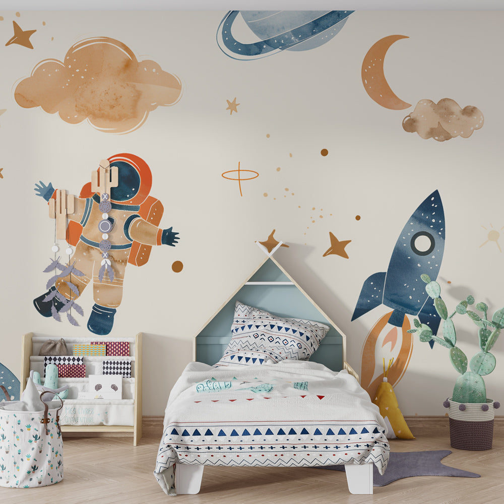 Kids-Mundo astronaut and rocket wall mural covering a feature wall in a calm kids bedroom.
