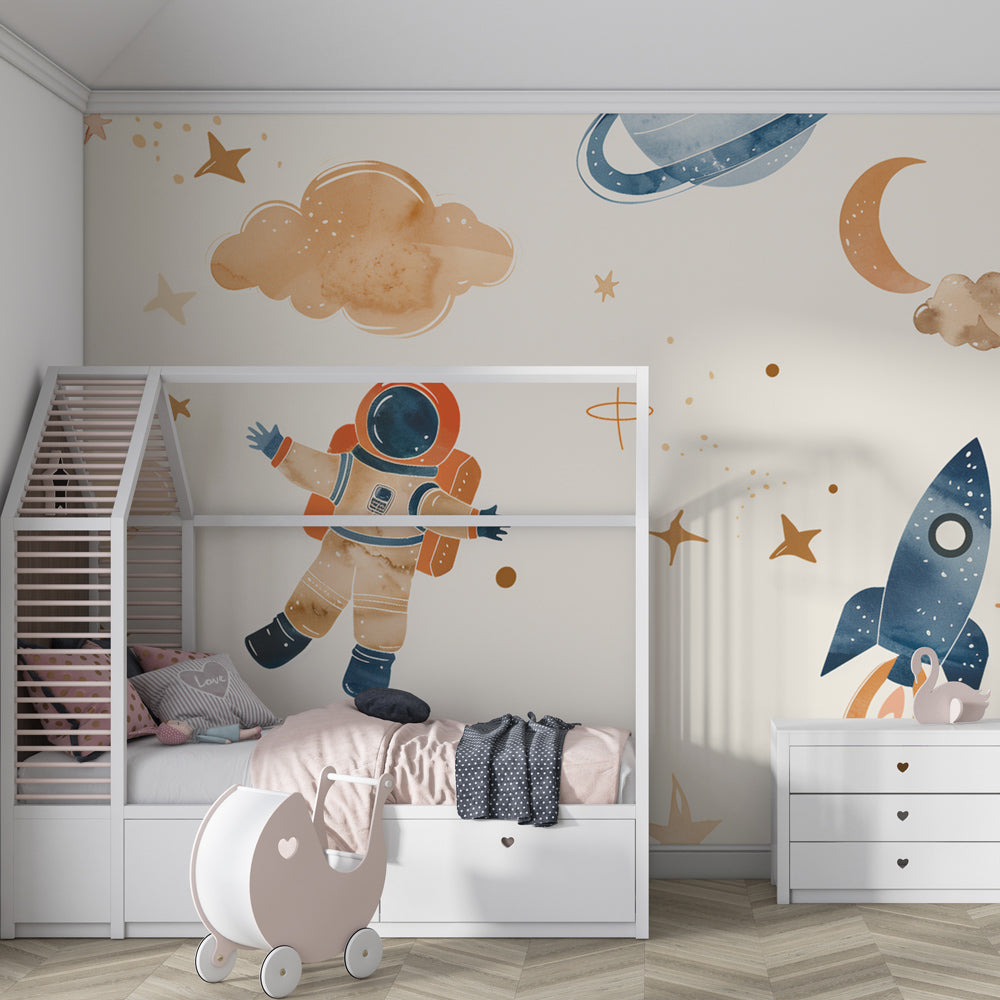 Kids-Mundo astronaut wall mural bringing a dreamy space scene to a playroom.