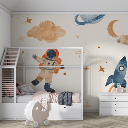 Kids-Mundo astronaut wall mural bringing a dreamy space scene to a playroom.