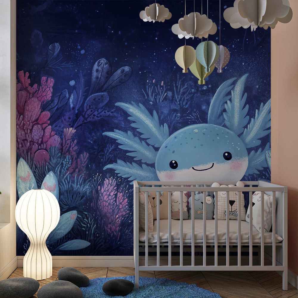 Kids-Mundo axolotl wall mural covering a kids bedroom wall behind a bed and cushions