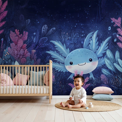 Kids-Mundo axolotl wall mural in a soft nursery with cot and blue night-time coral tones
