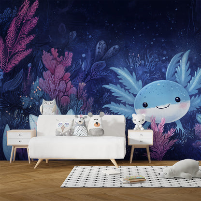Kids-Mundo axolotl wall mural brightening a playroom wall with dreamy midnight coral reef