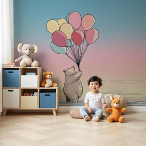 Dreamy bear mural wallpaper with colorful balloons in modern nursery room by Kids-Mundo