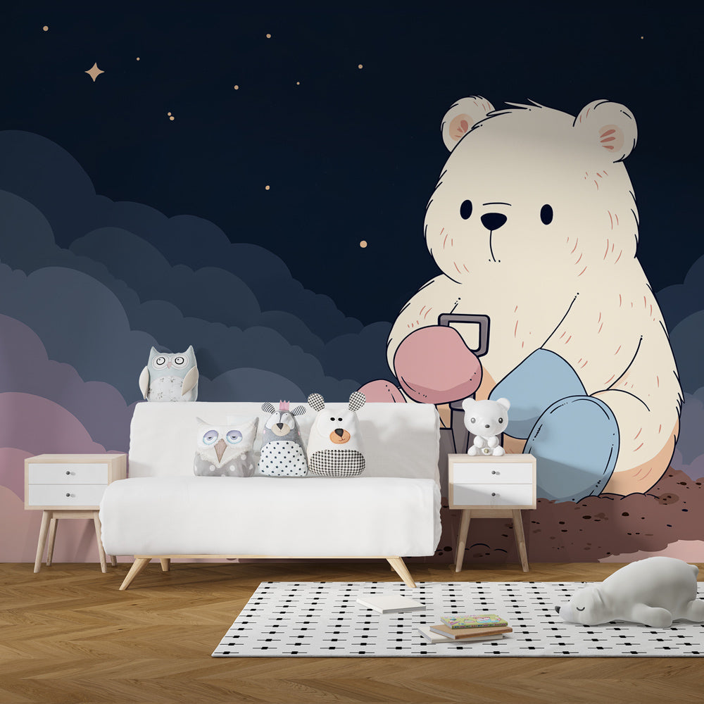 Soft pastel bear mural wallpaper with cloud design for toddler room by Kids-Mundo