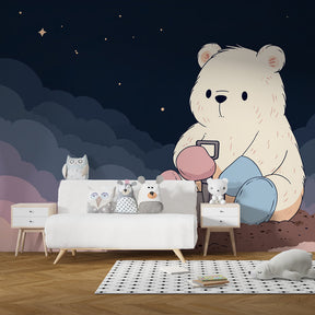 Soft pastel bear mural wallpaper with cloud design for toddler room by Kids-Mundo