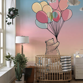 Whimsical bear nursery wallpaper with soft pastel colors and balloon design by Kids-Mundo