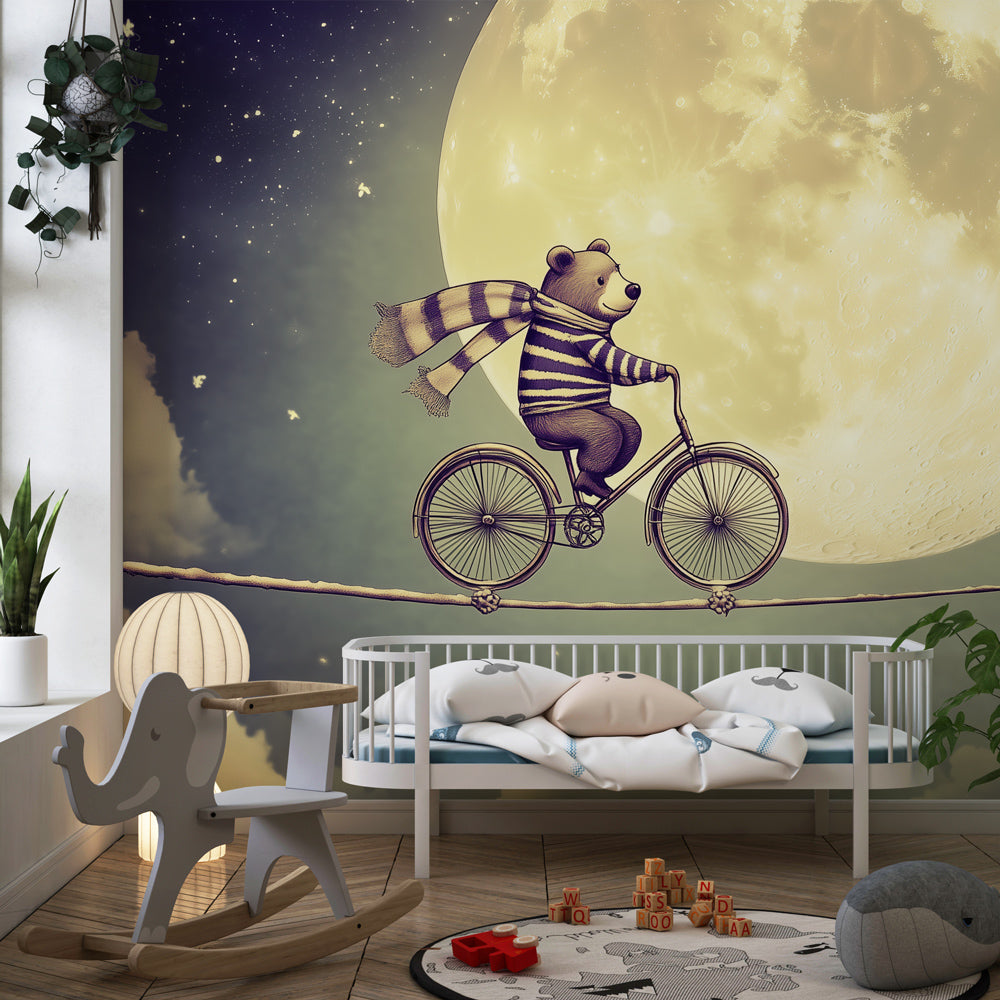 Bear theme mural wallpaper installed in colorful kids playroom creating enchanting storytelling corner