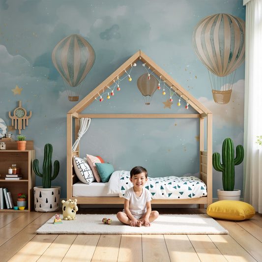 Kids-Mundo dreamy blue hot air balloon mural styled in a calm nursery room