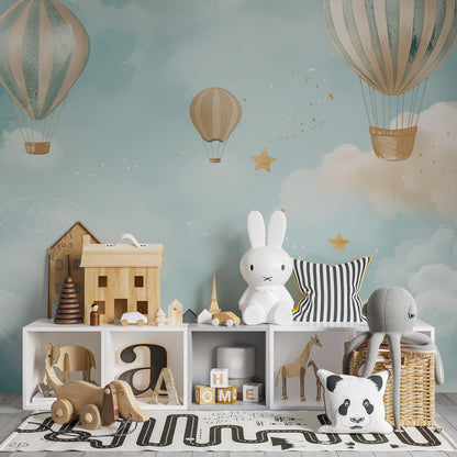 Kids-Mundo blue sky balloon mural displayed in a bright kids' playroom