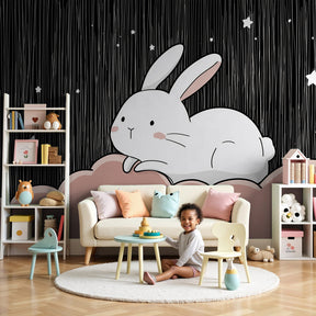 Dreamy bunny mural wallpaper creating magical nursery atmosphere with starry night sky by Kids-Mundo