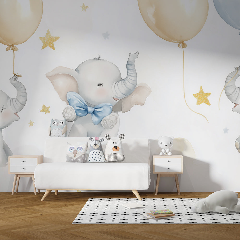 Multicolored elephant wallpaper creating magical atmosphere in baby bedroom decor