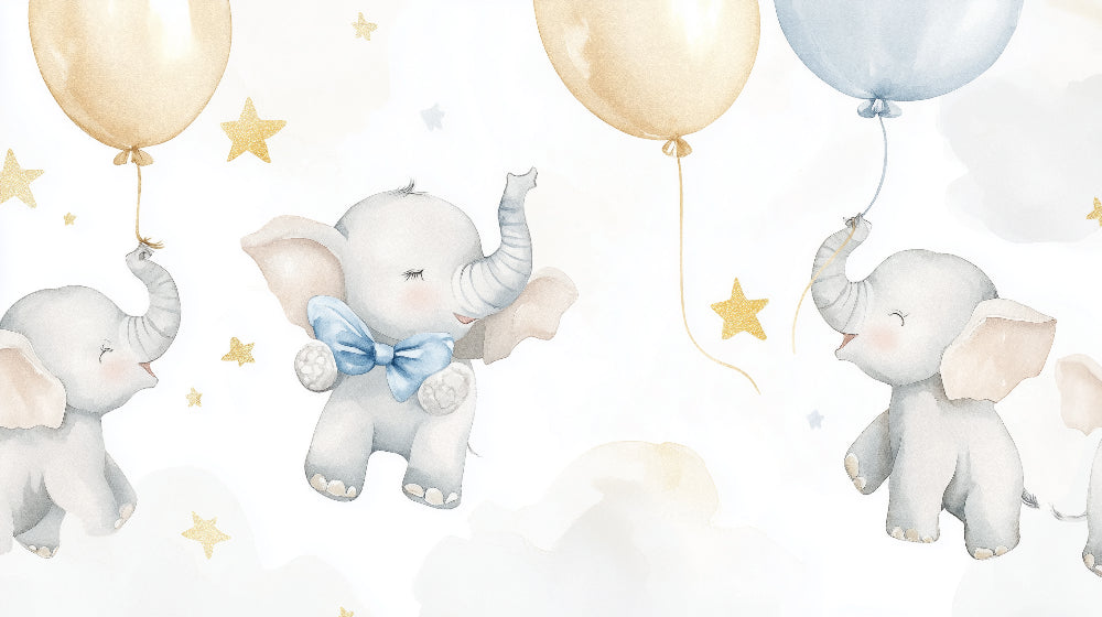 Detailed dreamy elephant and star balloon mural wallpaper design pattern by Kids-Mundo