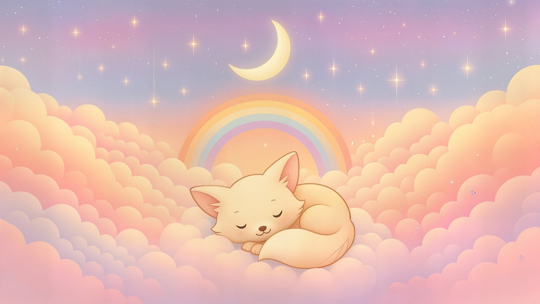 Detailed dreamy fox mural wallpaper design pattern with clouds and rainbow by Kids-Mundo