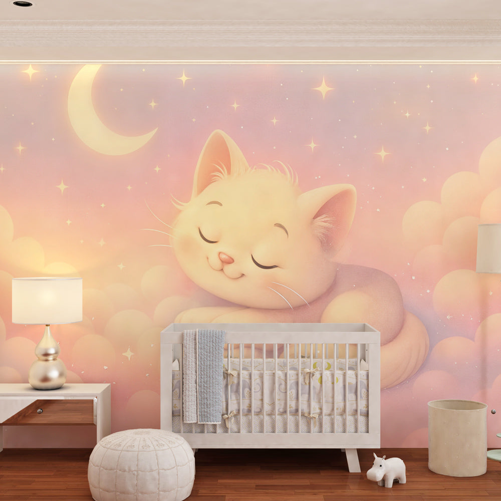 Sleeping kitten wallpaper with pastel clouds decorating modern children's bedroom by Kids-Mundo