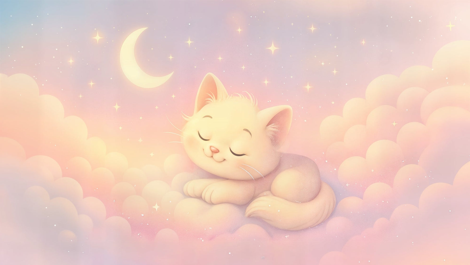 Detailed dreamy kitten mural wallpaper design pattern with stars and pastel clouds by Kids-Mundo