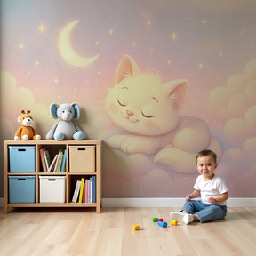 Dreamy kitten mural wallpaper with starry sky creating peaceful nursery atmosphere by Kids-Mundo