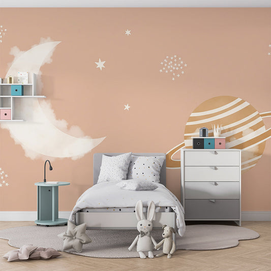 Kids-Mundo celestial moon and planet wall mural on a feature wall in a kids bedroom