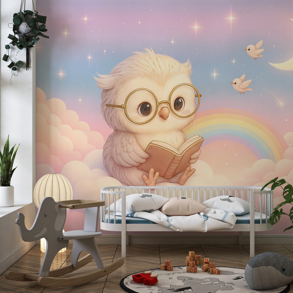 Celestial owl wallpaper with pastel colors transforming kids bedroom into peaceful reading space