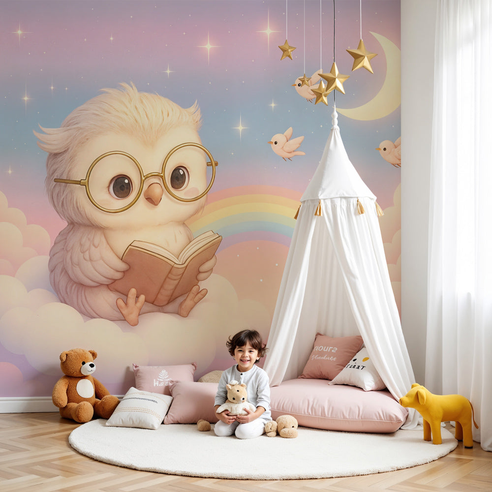 Dreamy owl mural wallpaper creating magical celestial nursery decor with reading theme by Kids-Mundo