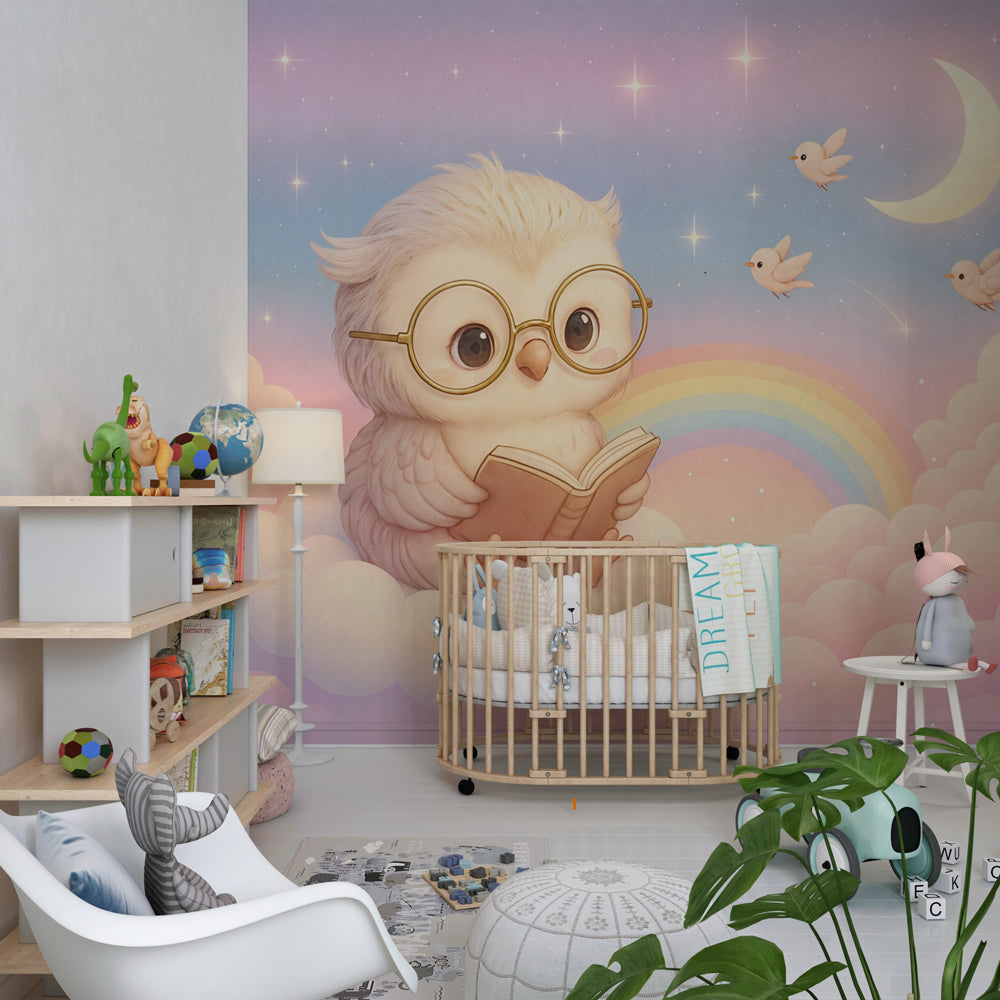 Whimsical owl mural wallpaper with stars and rainbow creating cozy toddler room atmosphere
