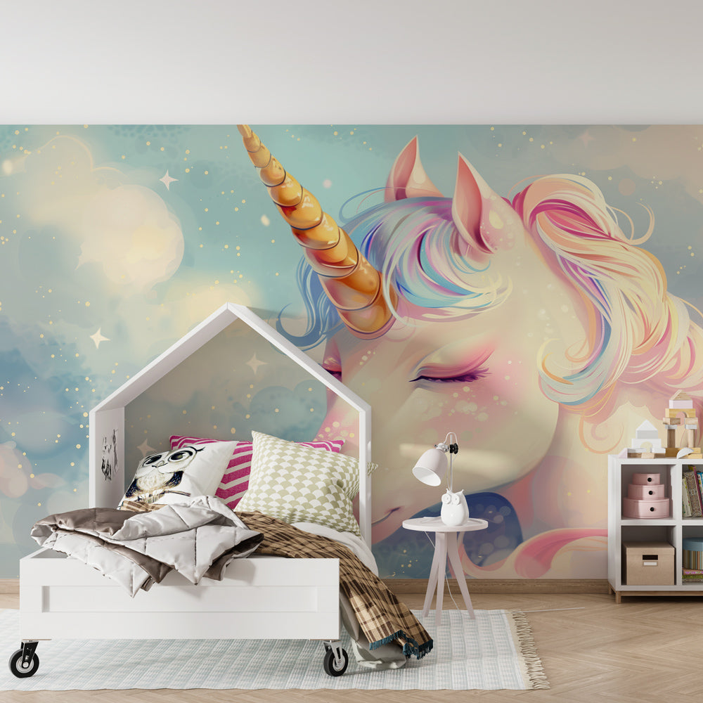 Kids-Mundo pastel unicorn portrait wall mural covering a wall in a girl's bedroom