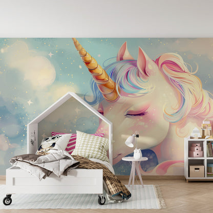 Kids-Mundo pastel unicorn portrait wall mural covering a wall in a girl's bedroom
