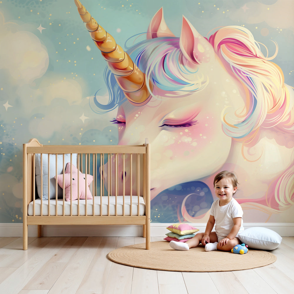 Kids-Mundo dreamy pastel unicorn wall mural fitted as a feature wall in a soft nursery