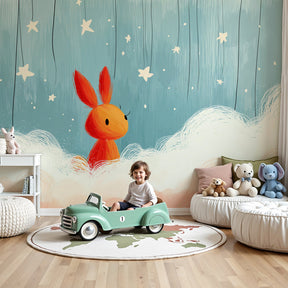 Dreamy rabbit mural wallpaper with blue stars creating peaceful nursery atmosphere by Kids-Mundo