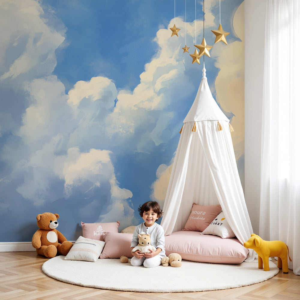 Dreamy sky mural wallpaper with fluffy clouds creating serene nursery atmosphere by Kids-Mundo