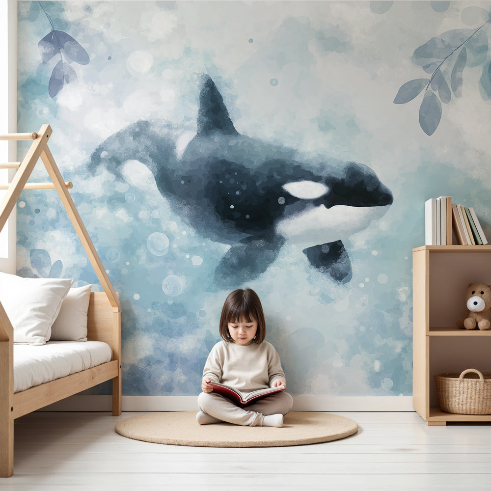 Watercolour orca wall mural by Kids-Mundo styled as a calming feature wall in a soft nursery.