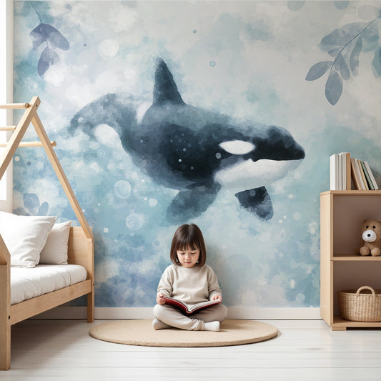 Watercolour orca wall mural by Kids-Mundo styled as a calming feature wall in a soft nursery.