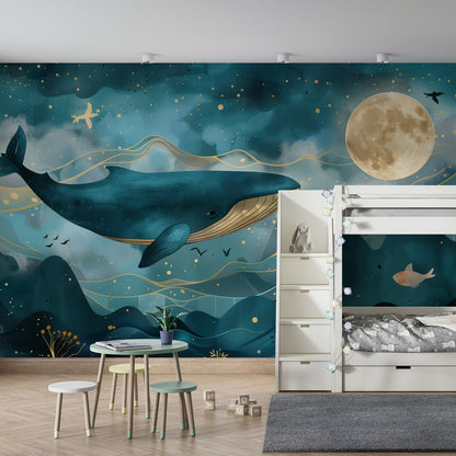 Kids-Mundo dreamy whale wall mural covering a feature wall in a calm kids bedroom
