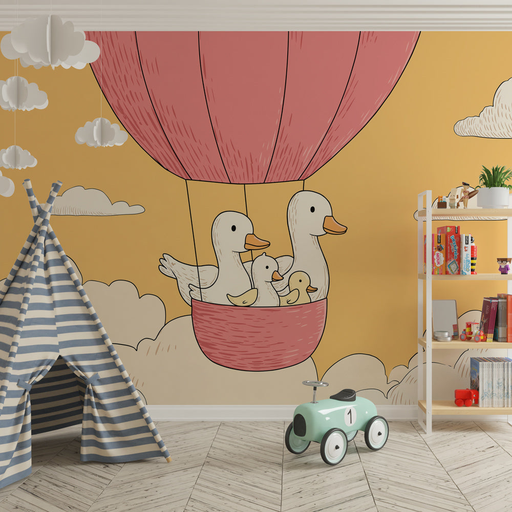 Duck family hot air balloon wallpaper creating whimsical baby room decor atmosphere