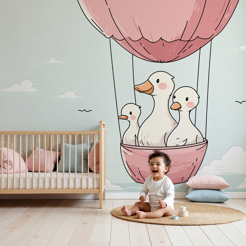 Duck hot air balloon mural wallpaper creating dreamy nursery atmosphere by Kids-Mundo