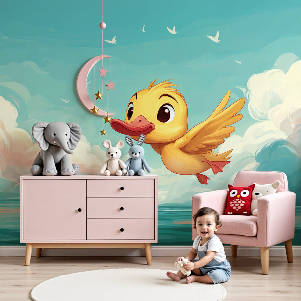 Happy flying duck mural wallpaper in soft pastel nursery by Kids-Mundo
