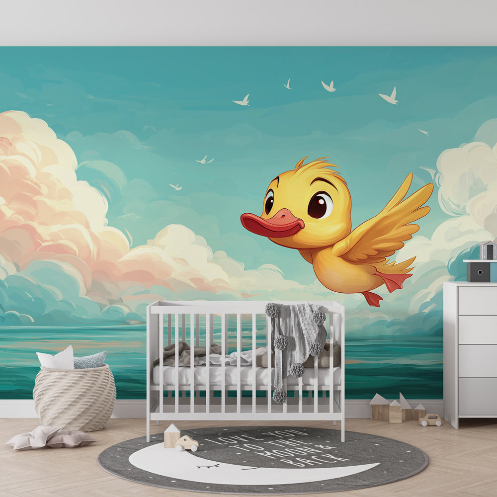 Duck flying through clouds wallpaper creating dreamy baby room atmosphere