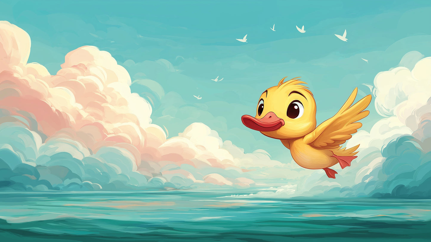 Detailed duck flying through pastel clouds mural wallpaper design pattern by Kids-Mundo