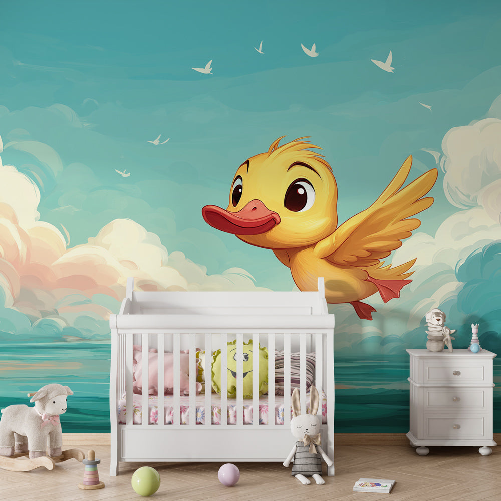 Pastel duck and clouds mural wallpaper for peaceful baby nursery design
