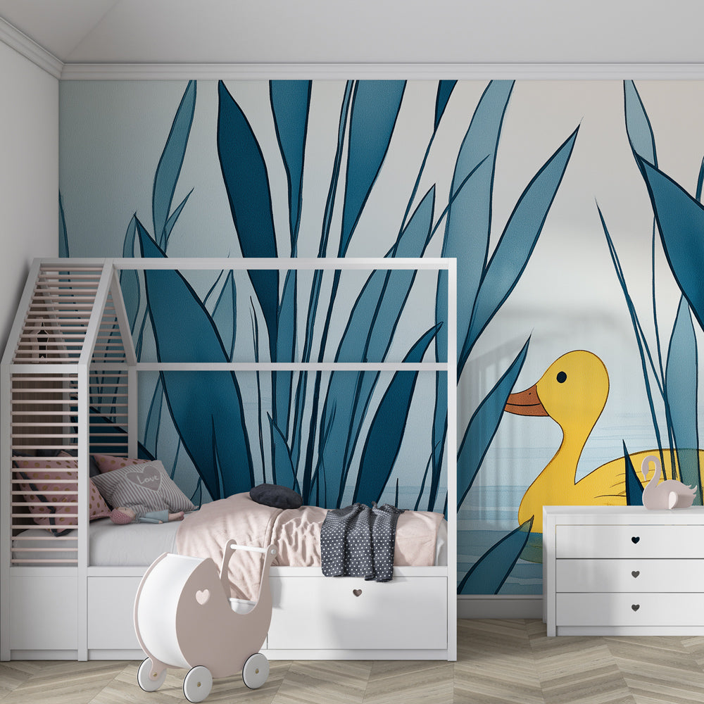 Peaceful duck mural wallpaper with aquatic plants for calming kids room decor